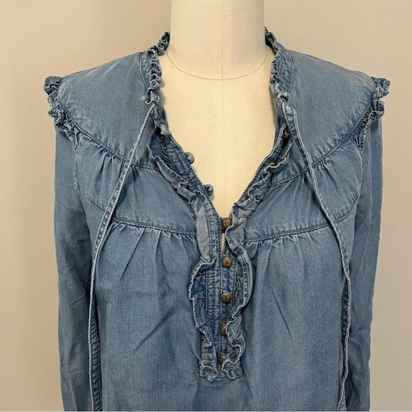 Anthropologie Maeve Chambray Ruffle Long Sleeve Top - Picture 5 of 15